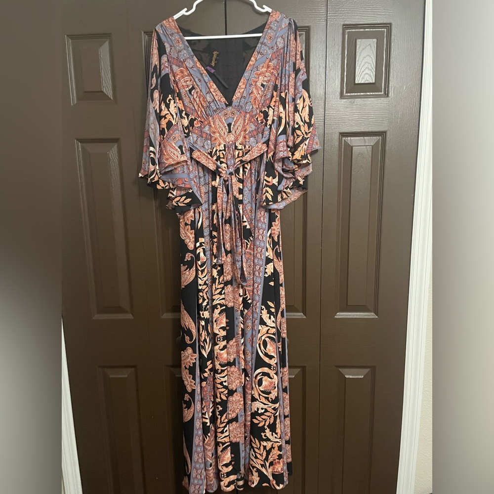 FREEPEOPLE Black Maxi Dress with Peach Floral Print